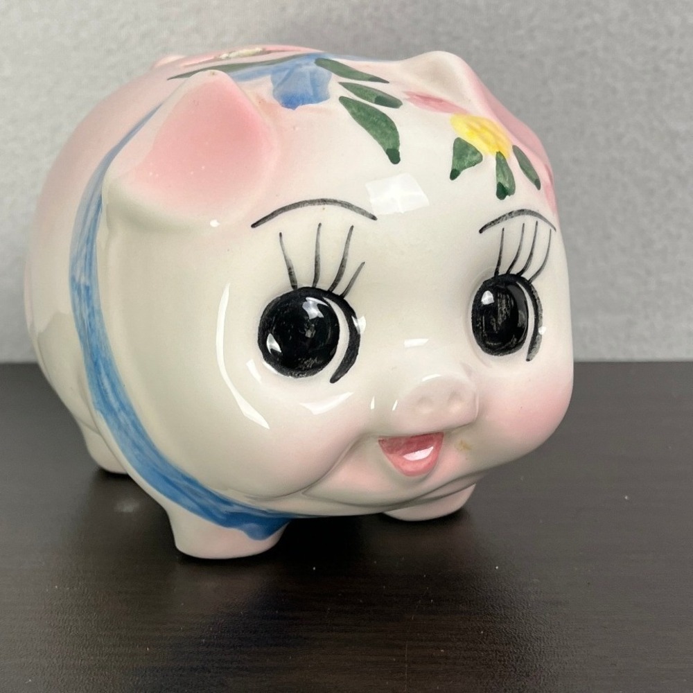 Vintage Ceramic Anthropomorphic Piggy Bank Hand Painted Floral Pink Blue‎ White